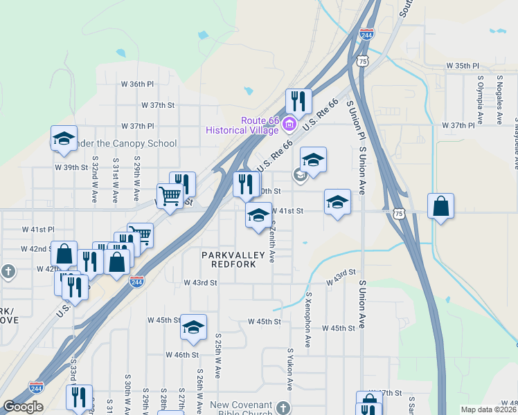 map of restaurants, bars, coffee shops, grocery stores, and more near 2220 West 40th Street in Tulsa