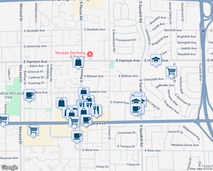 map of restaurants, bars, coffee shops, grocery stores, and more near 3611 East Taos Lane in Las Vegas