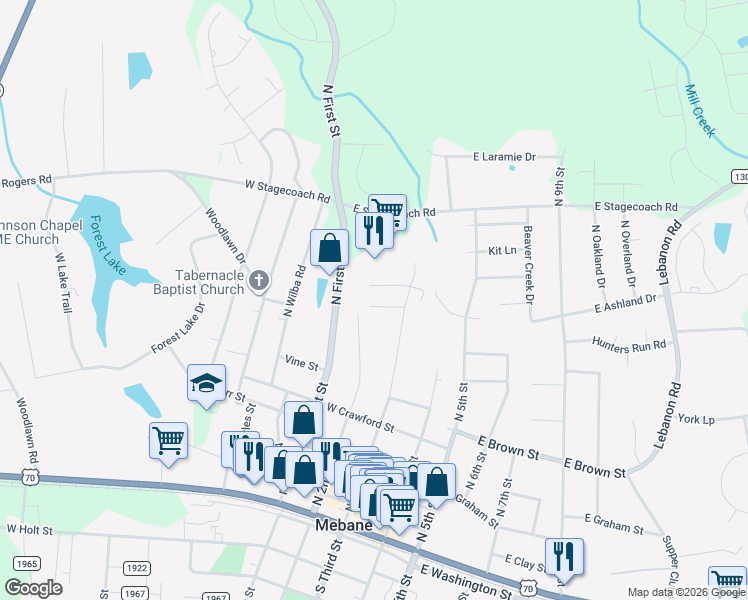 map of restaurants, bars, coffee shops, grocery stores, and more near 211 Edward Court in Mebane