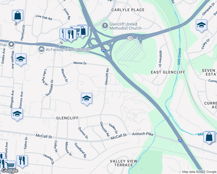 map of restaurants, bars, coffee shops, grocery stores, and more near 3148 Glencliff Road in Nashville