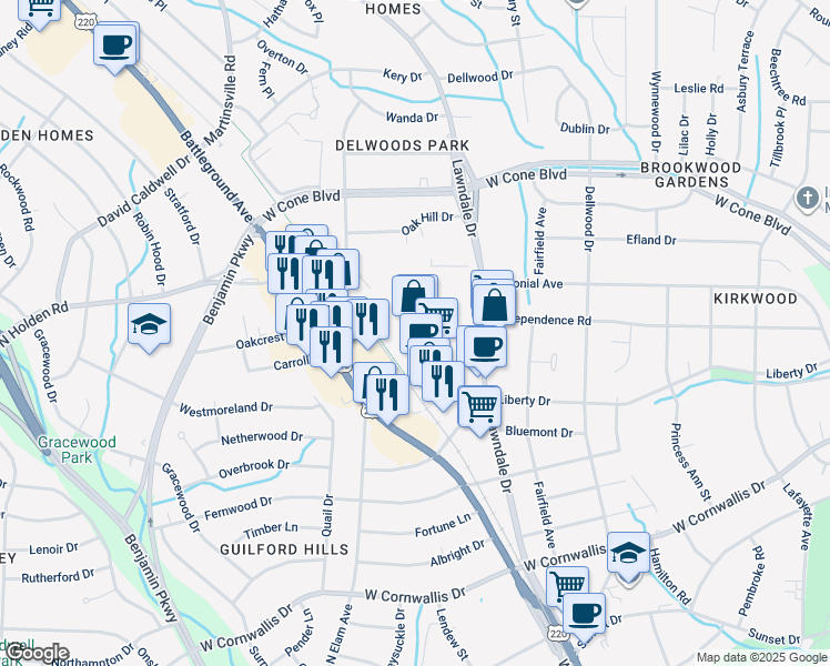 map of restaurants, bars, coffee shops, grocery stores, and more near 2701 Lawndale Drive in Greensboro