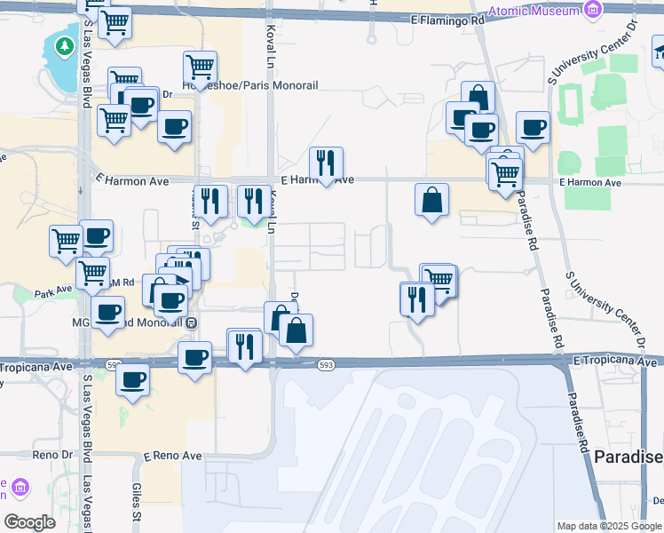 map of restaurants, bars, coffee shops, grocery stores, and more near 4660 Koval Lane in Las Vegas