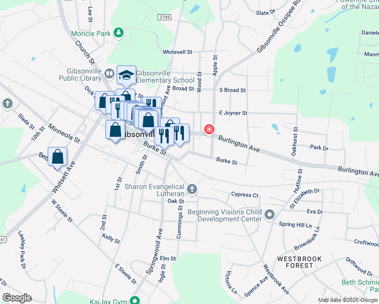 map of restaurants, bars, coffee shops, grocery stores, and more near Burke Street in Gibsonville