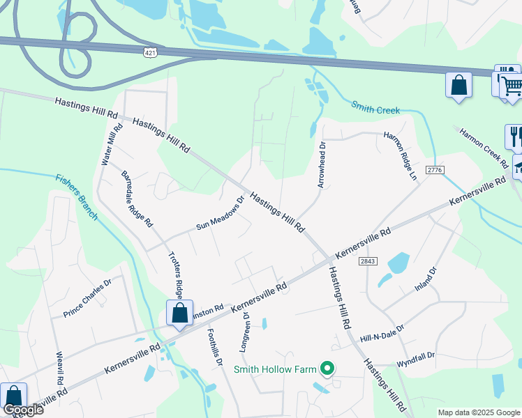 map of restaurants, bars, coffee shops, grocery stores, and more near 582 Hastings Hill Road in Kernersville
