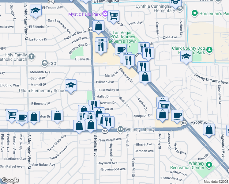 map of restaurants, bars, coffee shops, grocery stores, and more near 5133 East Sun Valley Drive in Las Vegas