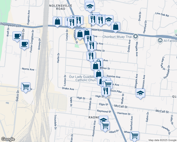 map of restaurants, bars, coffee shops, grocery stores, and more near 463 Radnor Street in Nashville