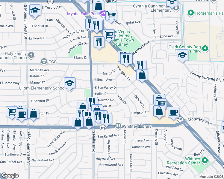 map of restaurants, bars, coffee shops, grocery stores, and more near 5133 East Sun Valley Drive in Las Vegas