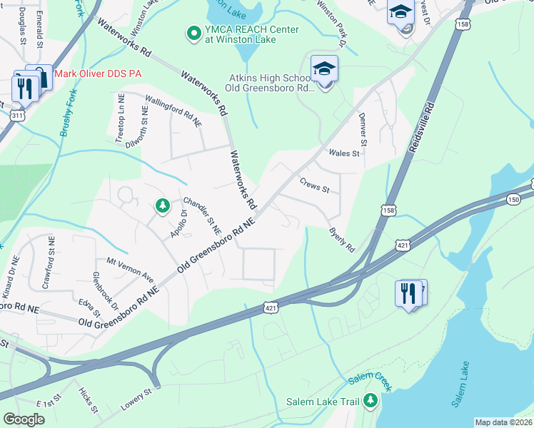 map of restaurants, bars, coffee shops, grocery stores, and more near 47 Old Greensboro Road Northeast in Winston-Salem