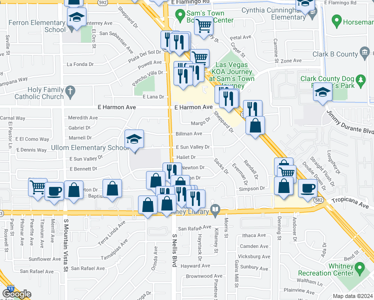 map of restaurants, bars, coffee shops, grocery stores, and more near 5069 East Sun Valley Drive in Las Vegas