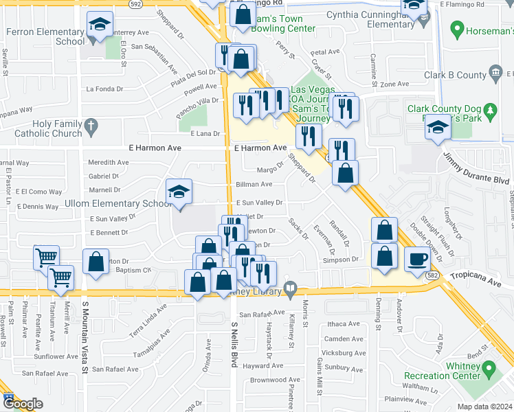 map of restaurants, bars, coffee shops, grocery stores, and more near 5085 East Sun Valley Drive in Las Vegas