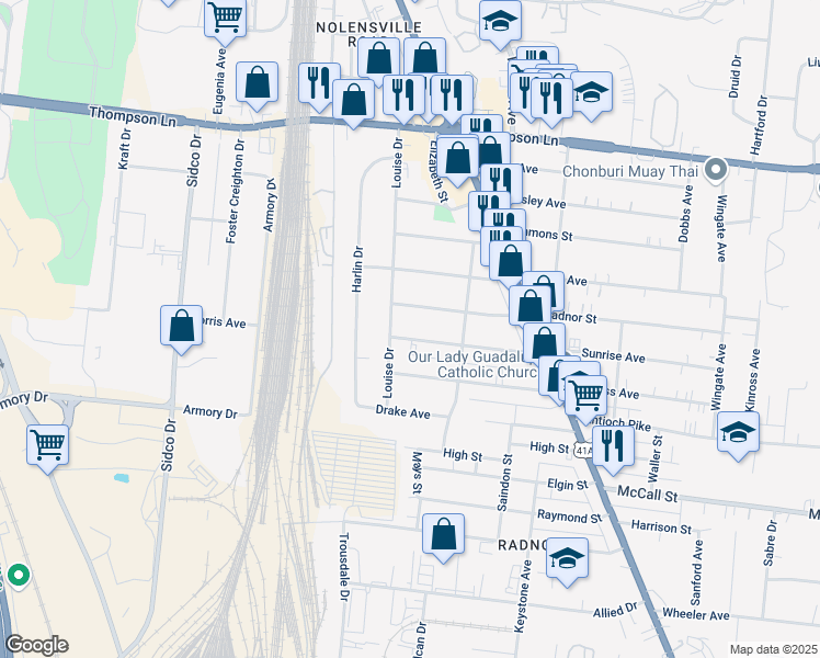 map of restaurants, bars, coffee shops, grocery stores, and more near 519 Radnor Street in Nashville