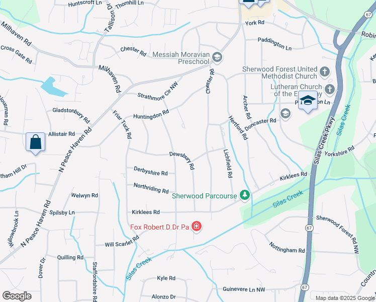 map of restaurants, bars, coffee shops, grocery stores, and more near 3621 Dewsbury Road in Winston-Salem