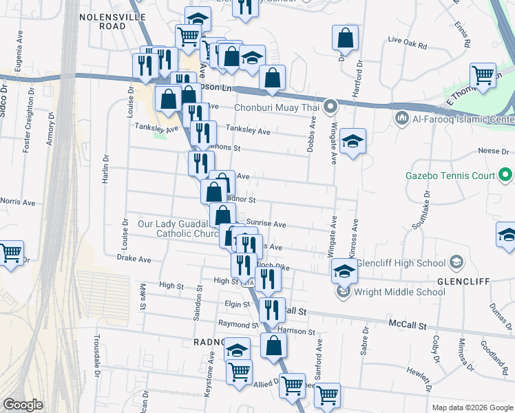 map of restaurants, bars, coffee shops, grocery stores, and more near 208 Radnor Street in Nashville