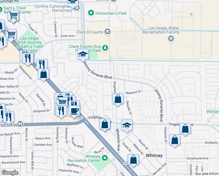 map of restaurants, bars, coffee shops, grocery stores, and more near 5710 East Tropicana Avenue in Las Vegas