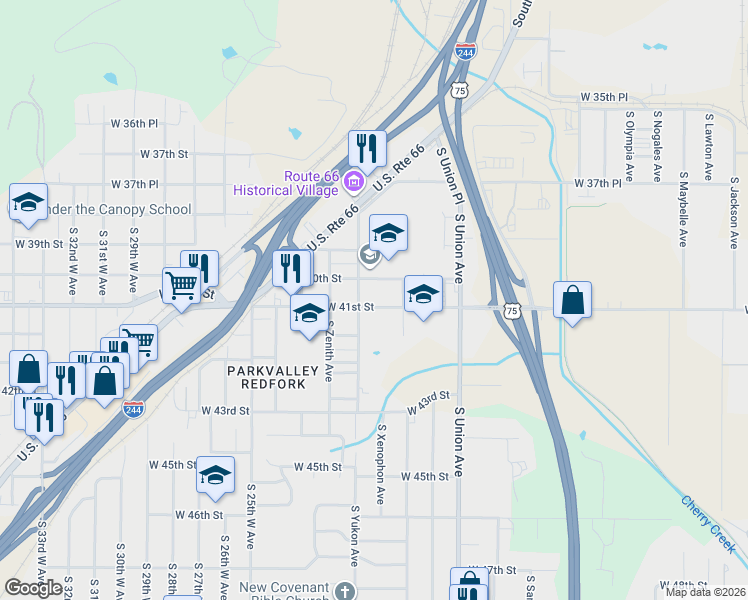 map of restaurants, bars, coffee shops, grocery stores, and more near 1924 West 40th Street in Tulsa