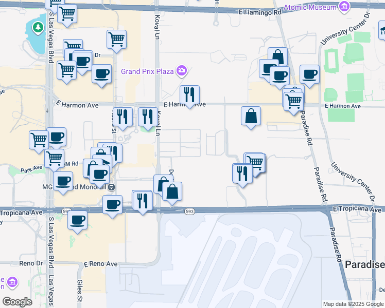 map of restaurants, bars, coffee shops, grocery stores, and more near 4660 Koval Lane in Las Vegas