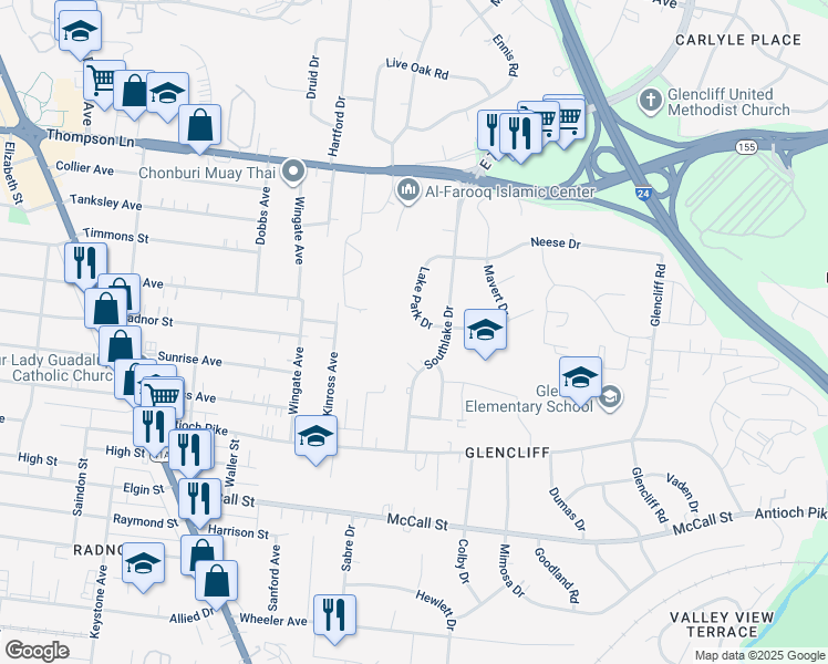 map of restaurants, bars, coffee shops, grocery stores, and more near 3133 Lake Park Drive in Nashville