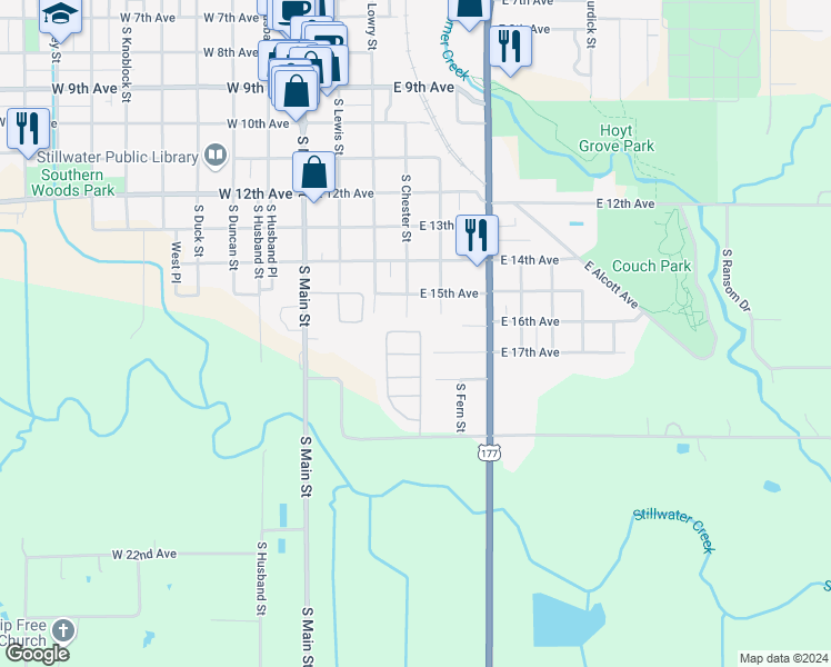 map of restaurants, bars, coffee shops, grocery stores, and more near 305 East 16th Avenue in Stillwater