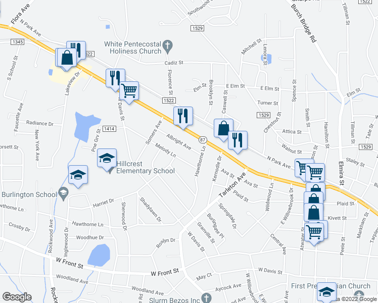 map of restaurants, bars, coffee shops, grocery stores, and more near 1516 Albright Avenue in Burlington