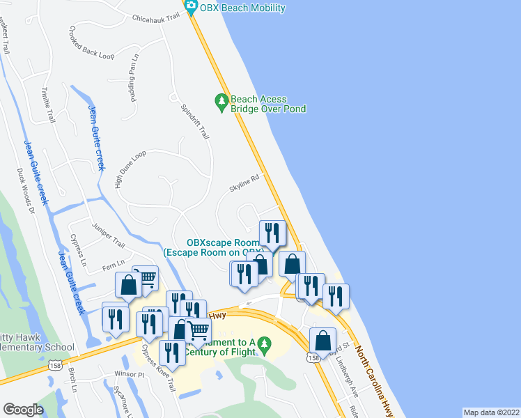 map of restaurants, bars, coffee shops, grocery stores, and more near 12 Ocean View Loop in Kitty Hawk