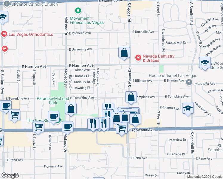 map of restaurants, bars, coffee shops, grocery stores, and more near 4653 Comnor Hill Lane in Las Vegas