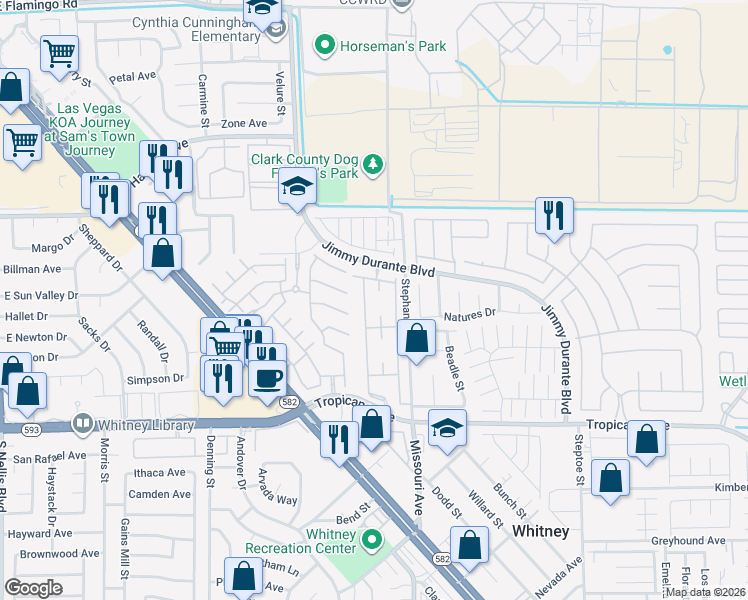 map of restaurants, bars, coffee shops, grocery stores, and more near 5710 Tropicana Avenue in Las Vegas