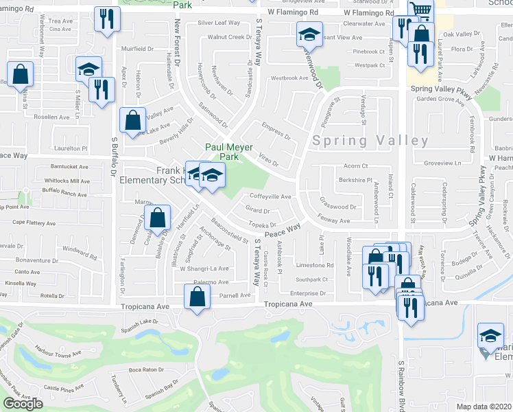 map of restaurants, bars, coffee shops, grocery stores, and more near 7401 Coffeyville Avenue in Las Vegas