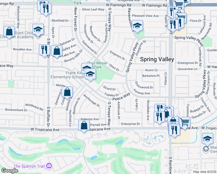 map of restaurants, bars, coffee shops, grocery stores, and more near 7401 Coffeyville Avenue in Las Vegas
