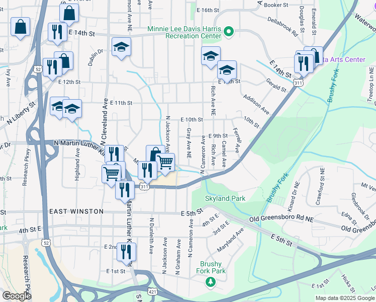 map of restaurants, bars, coffee shops, grocery stores, and more near 835 North Graham Avenue in Winston-Salem