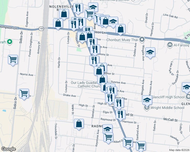 map of restaurants, bars, coffee shops, grocery stores, and more near 463 Radnor Street in Nashville