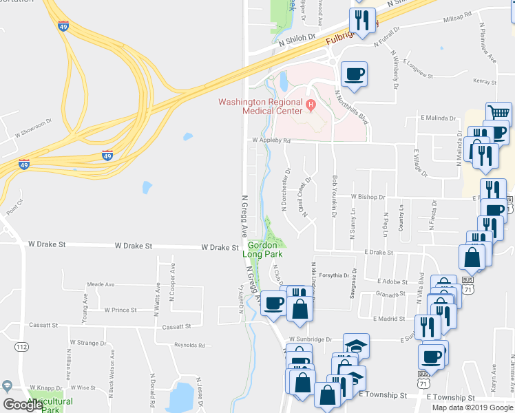 map of restaurants, bars, coffee shops, grocery stores, and more near 2934 North Gregg Avenue in Fayetteville