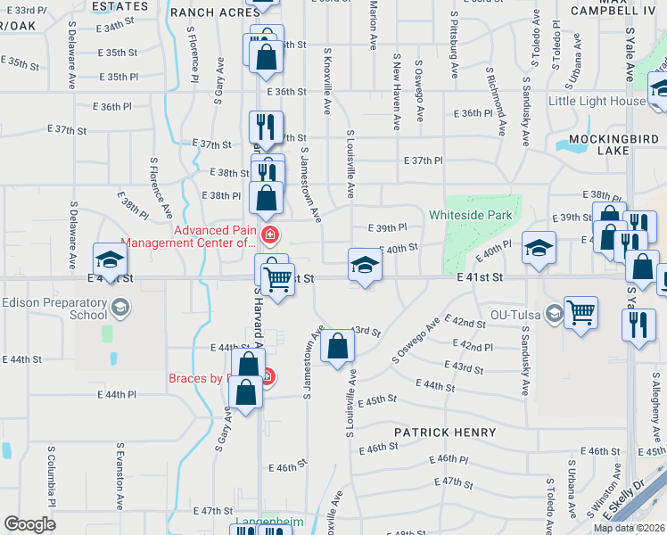 map of restaurants, bars, coffee shops, grocery stores, and more near 4021 South Jamestown Avenue in Tulsa