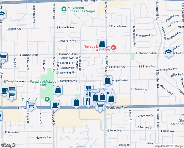 map of restaurants, bars, coffee shops, grocery stores, and more near 4653 Comnor Hill Lane in Las Vegas