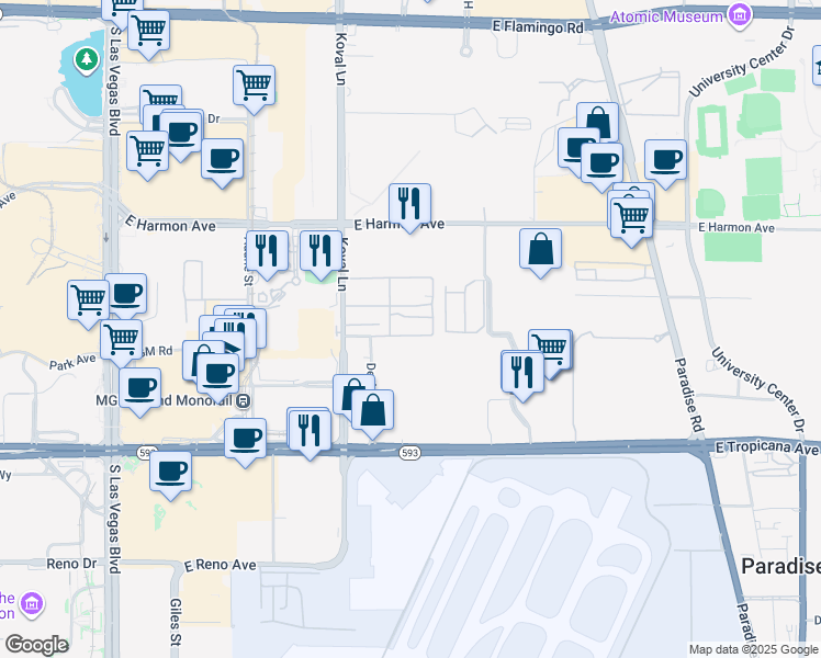 map of restaurants, bars, coffee shops, grocery stores, and more near 4660 Koval Lane in Las Vegas