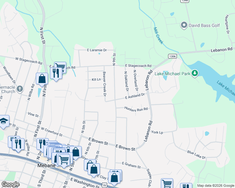 map of restaurants, bars, coffee shops, grocery stores, and more near 702 North 9th Street in Mebane