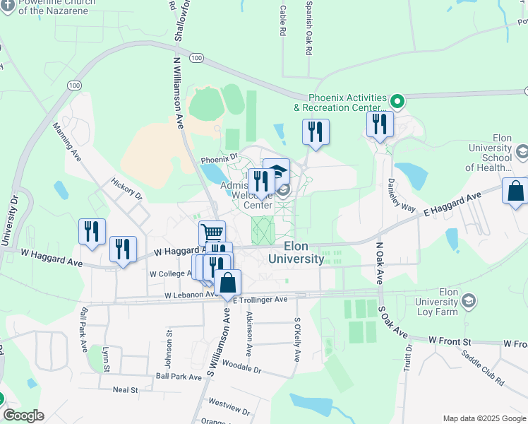 map of restaurants, bars, coffee shops, grocery stores, and more near 100 Campus Drive in Elon