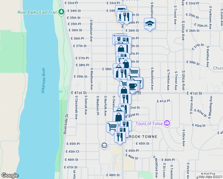 map of restaurants, bars, coffee shops, grocery stores, and more near 1117 East 41st Street in Tulsa
