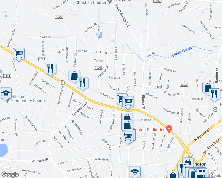 map of restaurants, bars, coffee shops, grocery stores, and more near 1108 Walnut Street in Burlington