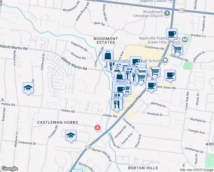 map of restaurants, bars, coffee shops, grocery stores, and more near 2215 Abbott Martin Road in Nashville