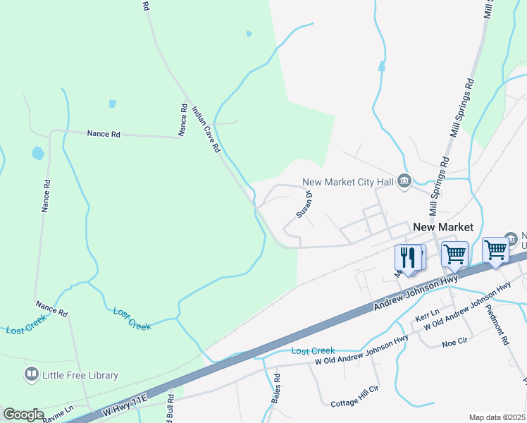 map of restaurants, bars, coffee shops, grocery stores, and more near 1140 Indian Cave Road in New Market