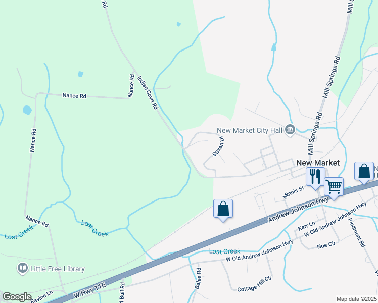 map of restaurants, bars, coffee shops, grocery stores, and more near 1140 Indian Cave Road in New Market