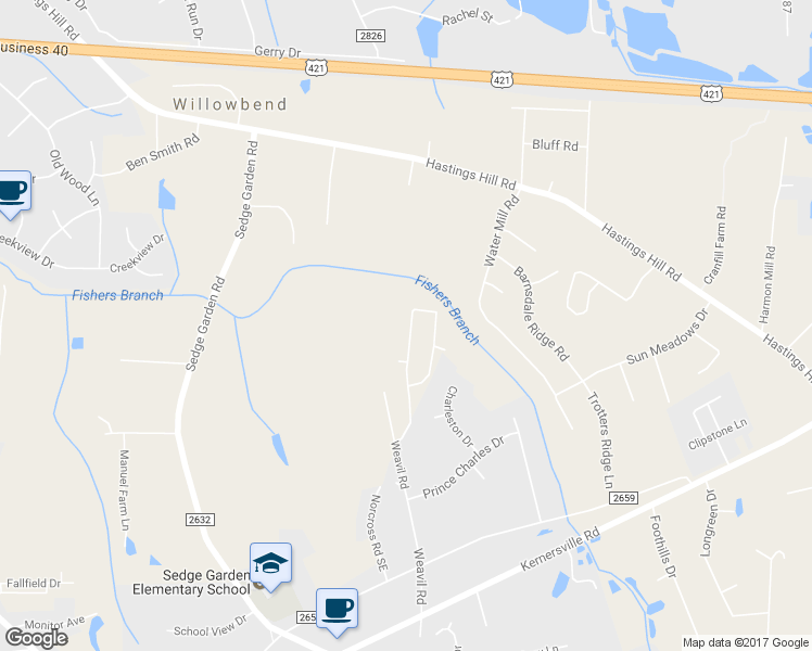 map of restaurants, bars, coffee shops, grocery stores, and more near 840 Peachtree Meadows Circle in Kernersville