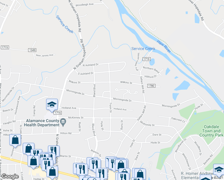 map of restaurants, bars, coffee shops, grocery stores, and more near 715 Tryon Street in Burlington