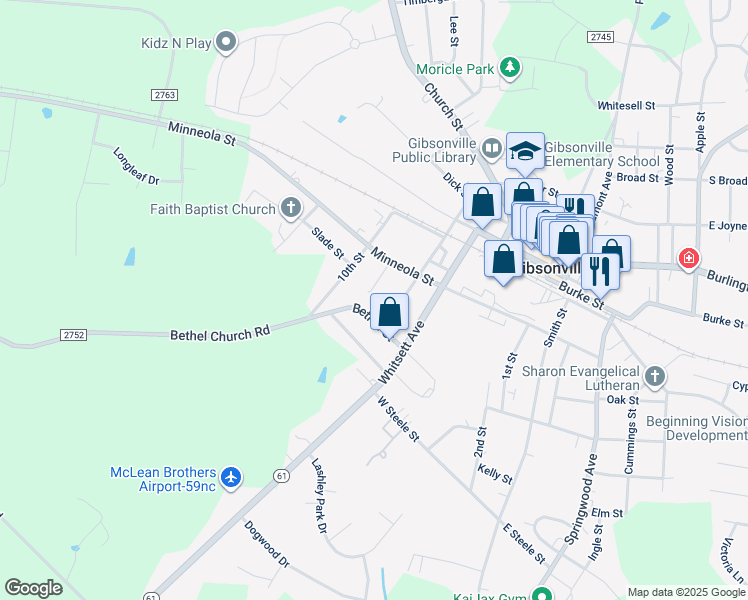 map of restaurants, bars, coffee shops, grocery stores, and more near 413 Willow Court in Gibsonville