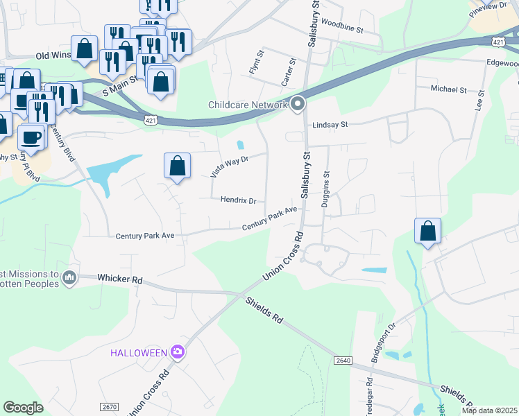 map of restaurants, bars, coffee shops, grocery stores, and more near 107 Hendrix Drive in Kernersville