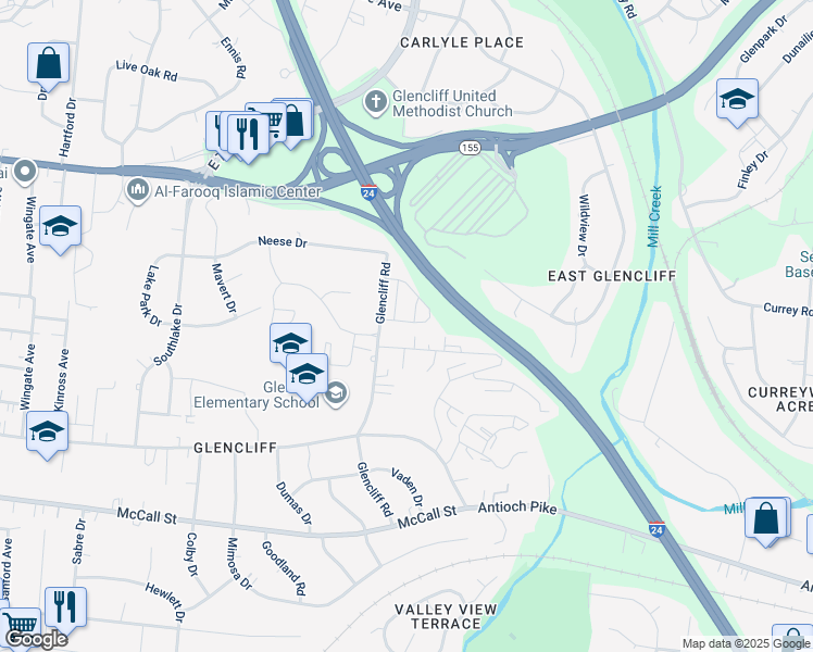 map of restaurants, bars, coffee shops, grocery stores, and more near 3146 Glencliff Road in Nashville