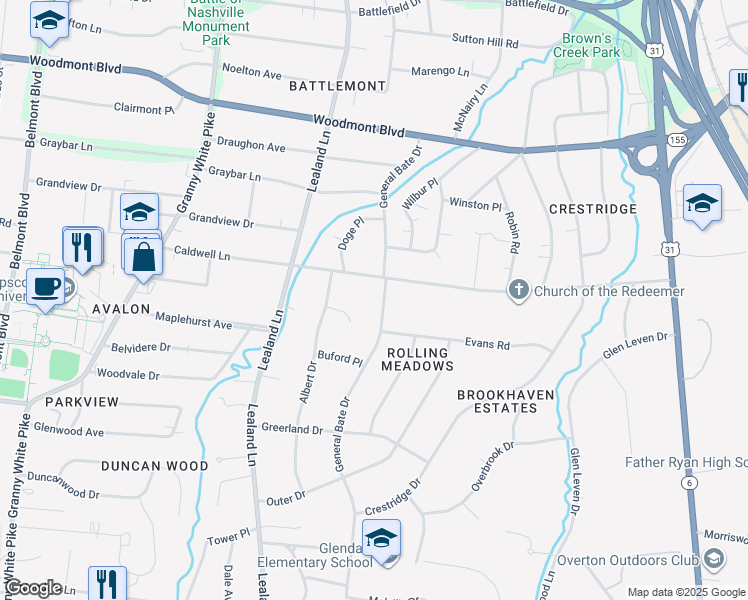 map of restaurants, bars, coffee shops, grocery stores, and more near 3905 General Bate Drive in Nashville