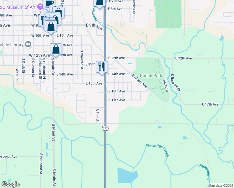 map of restaurants, bars, coffee shops, grocery stores, and more near 1601 South Hartford Street in Stillwater
