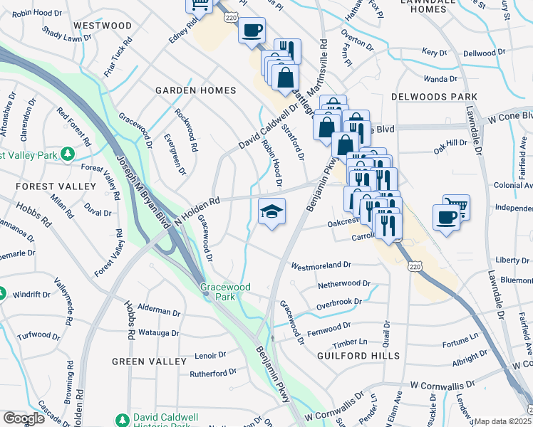 map of restaurants, bars, coffee shops, grocery stores, and more near 2515 Shady Lawn Drive in Greensboro
