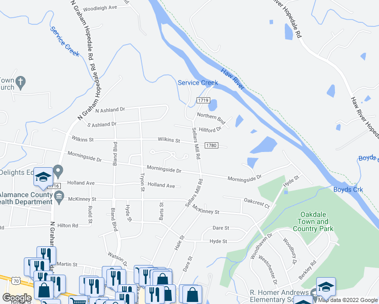 map of restaurants, bars, coffee shops, grocery stores, and more near 2324 Pine Knoll Terrace in Burlington